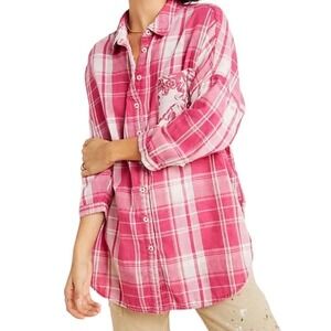 Anthro Pink Floral pocket Plaid Oversized button up long sleeve Boyfriend shirt